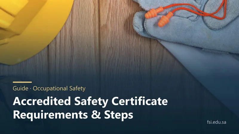 A yellow safety helmet, gloves and protective goggles on a wooden surface, overlaid with: Accredited safety certificate — requirements and steps.
