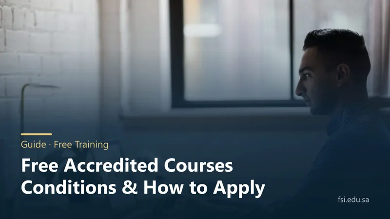 A person working at a laptop by a window, overlaid with: Free accredited courses — requirements and how to apply.