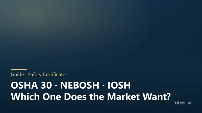 A navy cover listing three certificates — OSHA 30, NEBOSH and IOSH — under the question: which one does the market ask for?