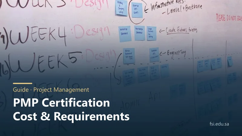 A project planning whiteboard split into weekly columns with sticky notes, overlaid with the title: PMP certification cost and application requirements.