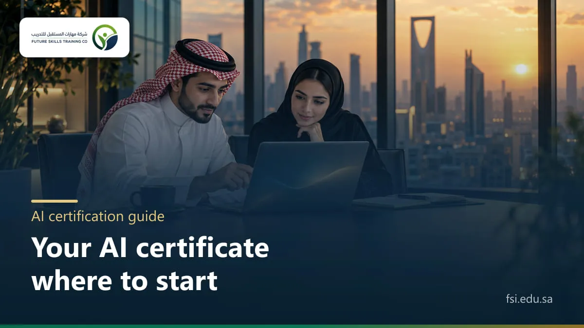 A Saudi man in a thobe and shemagh and a colleague in an abaya and hijab review content on a laptop in an office overlooking the Riyadh skyline at sunset