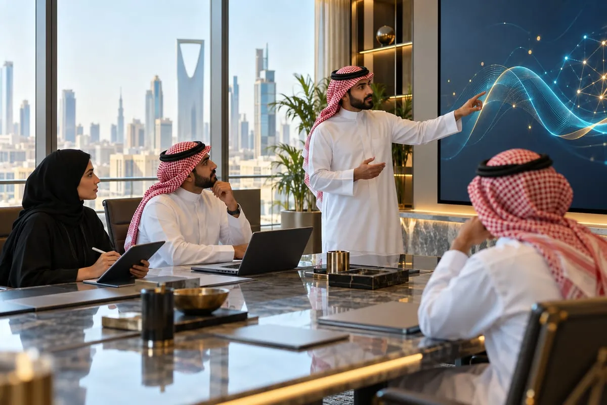 A Saudi employee in a thobe and shemagh points to a large screen of abstract data curves as colleagues listen in a Riyadh meeting room, one taking notes on a tablet