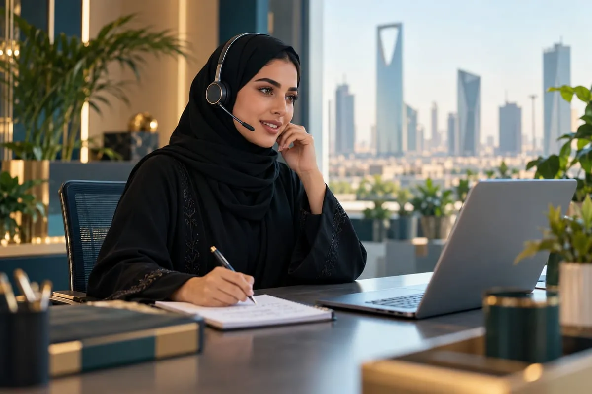 موظفة خدمة عملاء سعودية بعباءة وحجاب تضع سمّاعة رأس وتستمع إلى مكالمة وتدوّن ملاحظاتها في دفتر بجانب حاسوب محمول في مكتبٍ يطلّ على الرياض