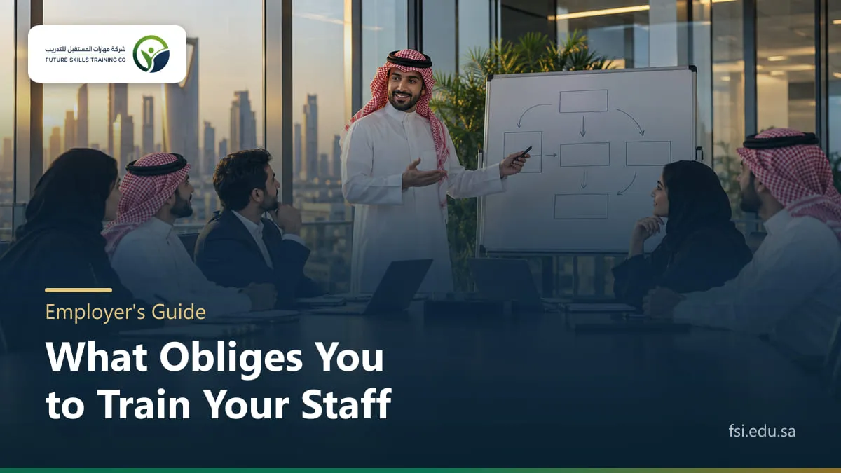 A Saudi HR director in a thobe and shemagh presents a staff training plan to a team around a meeting table in a modern Riyadh office, with a whiteboard diagram behind him.