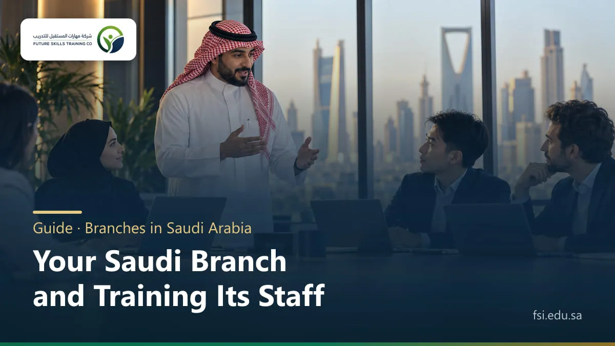 A Saudi manager in a thobe and shemagh leads a training workshop for a multinational team at an international company's Riyadh branch, laptops open and the skyline behind the windows.