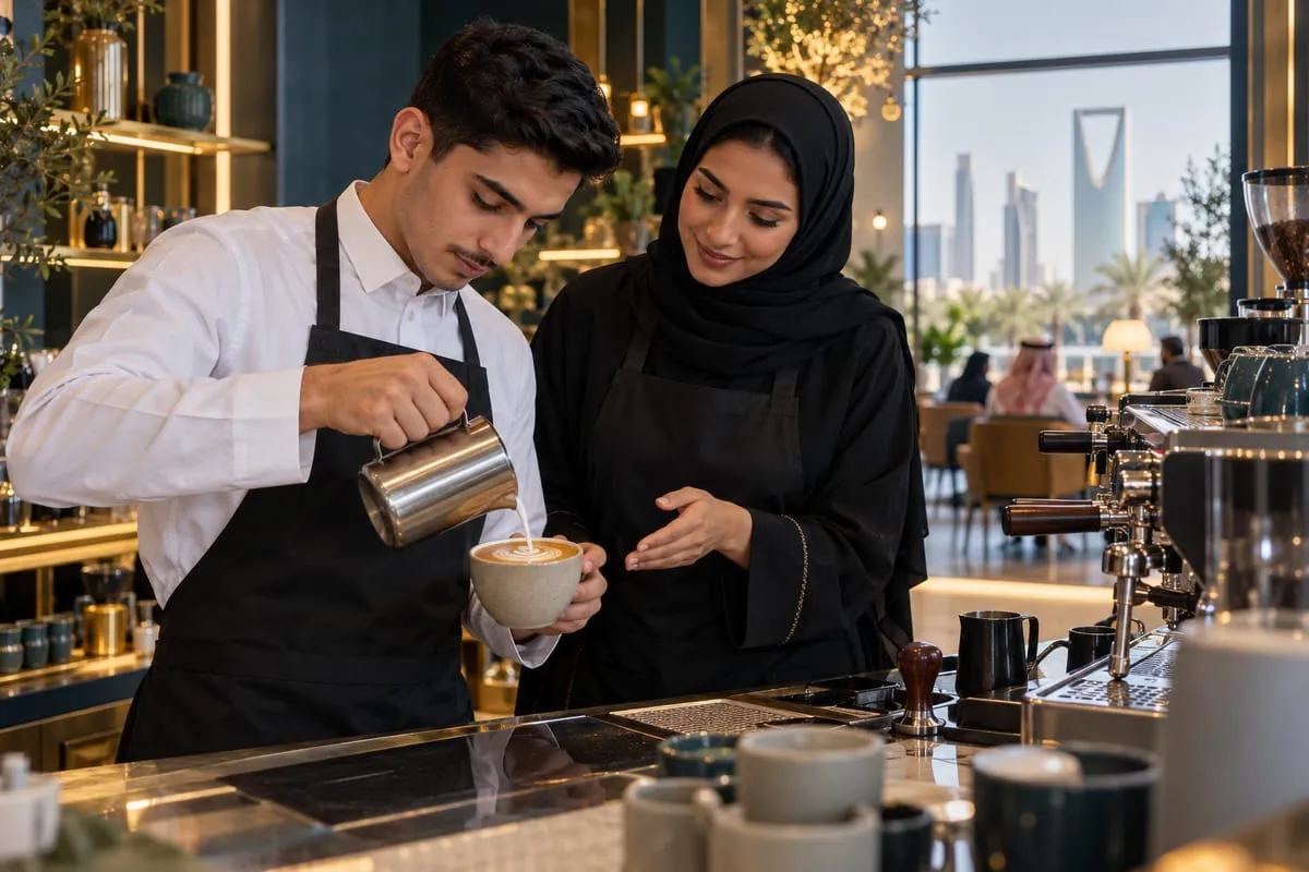 A young Saudi trainee in a black apron pours latte art in a modern Riyadh café while a Saudi woman trainer in an abaya and hijab guides him, with Kingdom Tower through the window.