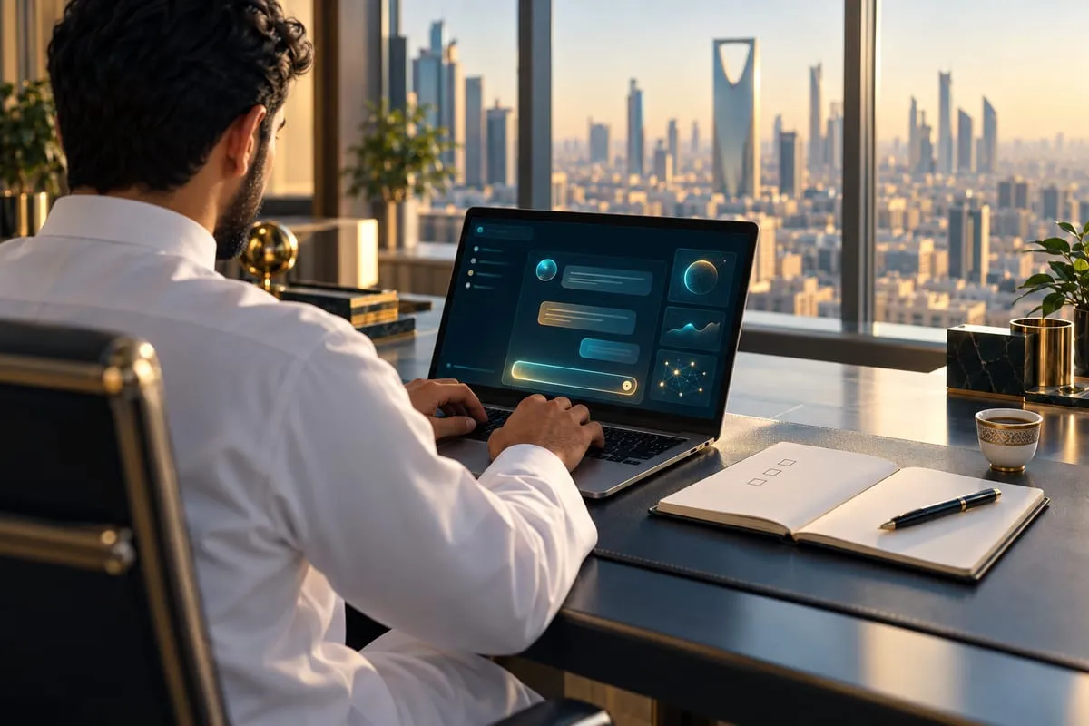 A Saudi employee types a detailed instruction into an AI assistant on his laptop, beside a notebook with a short task checklist and a cup of Arabic coffee, with Riyadh towers through the window.
