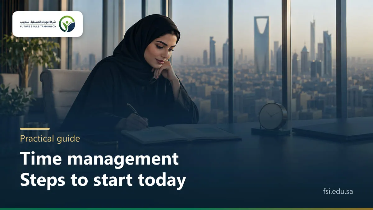 A Saudi woman in an abaya and hijab plans her day in a notebook at a tidy desk, beside a desk clock and a face-down phone, with the Riyadh skyline and Kingdom Tower behind her in the morning.