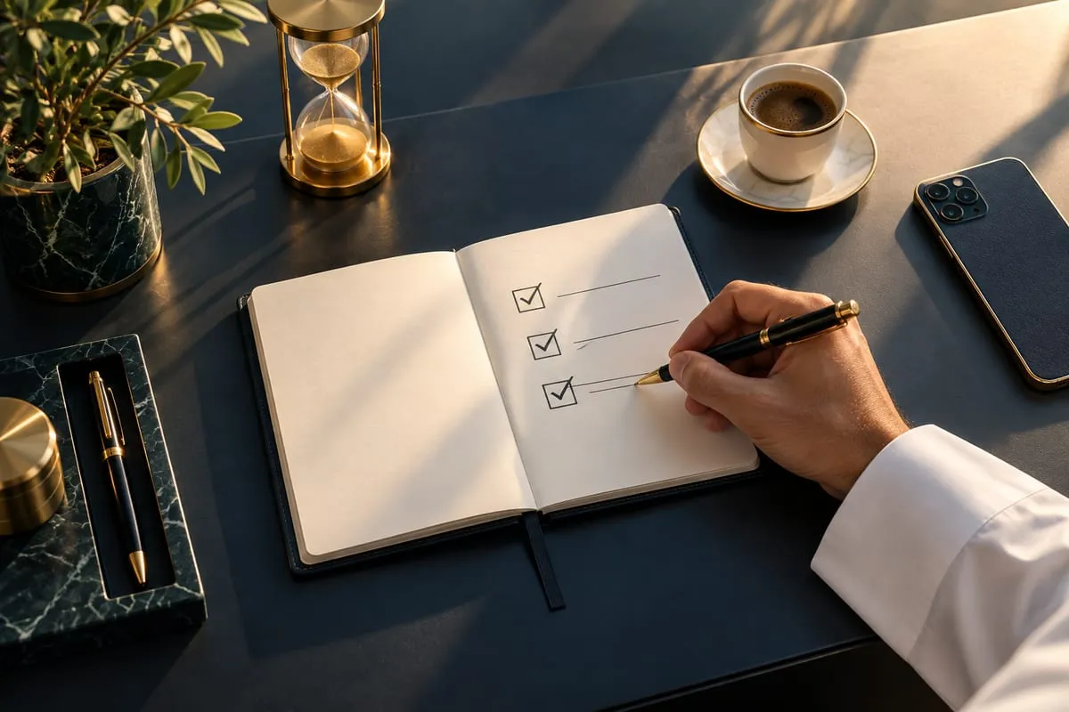 يدٌ بكمّ ثوبٍ أبيض تضع علامة صحّ على مهمّةٍ ثالثة في قائمةٍ من ثلاث مهامّ بدفترٍ مفتوح، وبجانبه هاتفٌ مقلوب وساعةٌ رملية ذهبية وفنجان قهوة.